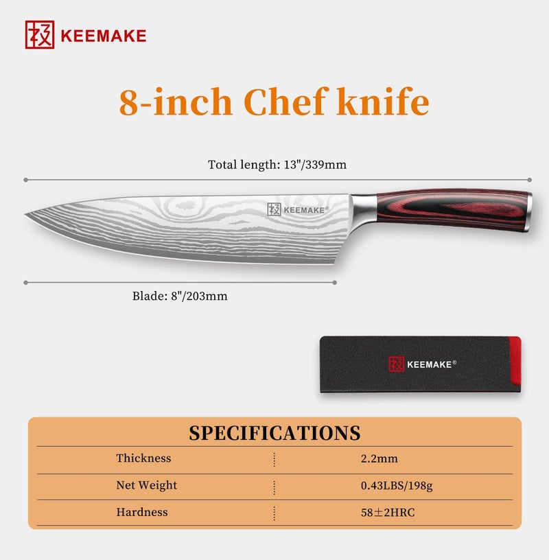 KEEMAKE Chef Knife 8 Inch - Ultra Sharp Kitchen Knife 1.4116 High Carbon Stainless Steel Blade, Ergonomic Handle, Professional Meat Knife for Home Cooking & Chefs, w/Sheath & Gift Box - Image 4